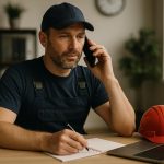 Heating emergency services worker arrives at a frosty home porch at dawn, holding a glowing heater and toolbox