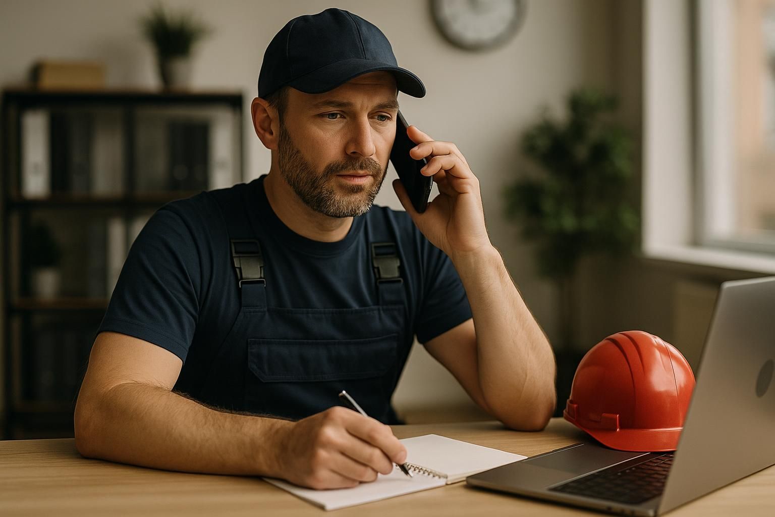 Heating emergency services worker arrives at a frosty home porch at dawn, holding a glowing heater and toolbox