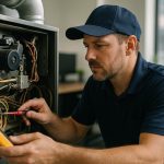 Technician in uniform adjusts furnace controls in a bright basement, delivering heating furnace repair service
