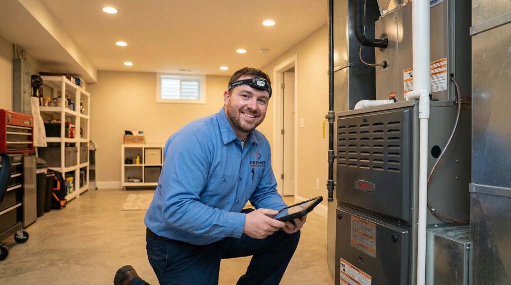 HVAC technician inspecting furnace for repair in Newark Delaware home