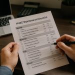 Technician holding hvac maintenance checklist clipboard beside furnace vents and tools ready for inspection