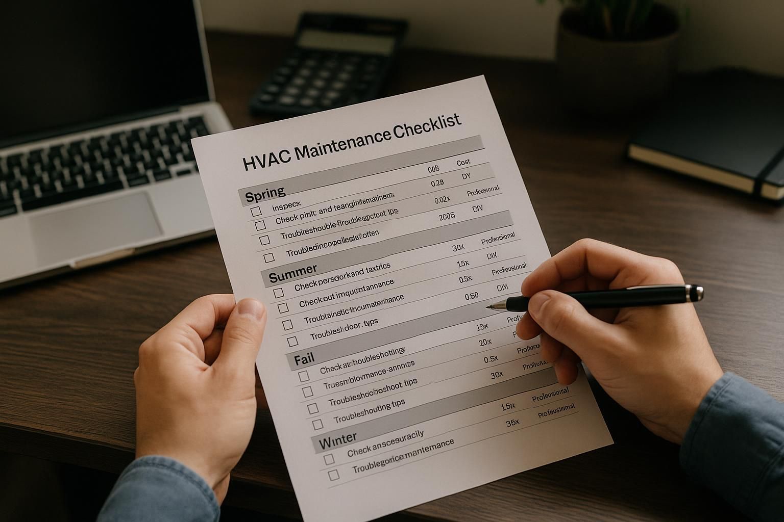 Technician holding hvac maintenance checklist clipboard beside furnace vents and tools ready for inspection