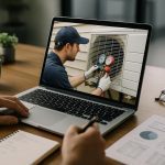 Uniformed technician performing ac repair & service on a wall-mounted unit, tools in hand and cool airflow visible
