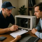 Technician in overalls using gauges on an indoor ac unit, illustrating expert ac repair service for home comfort