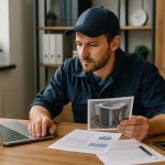 ac service repair technician inspects wall-mounted air conditioner with pressure gauges and toolbox on ladder in living room