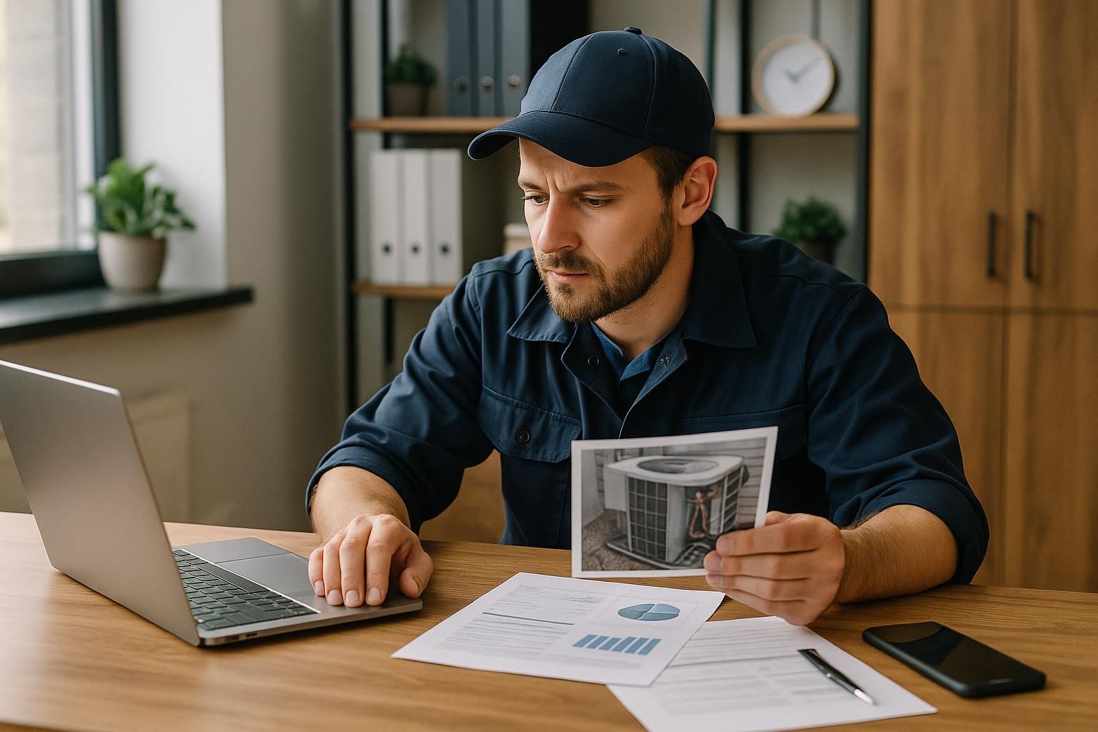 ac service repair technician inspects wall-mounted air conditioner with pressure gauges and toolbox on ladder in living room
