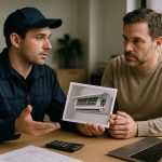 Technician in uniform inspecting a modern split ac unit indoors with tools nearby for ac services and repair