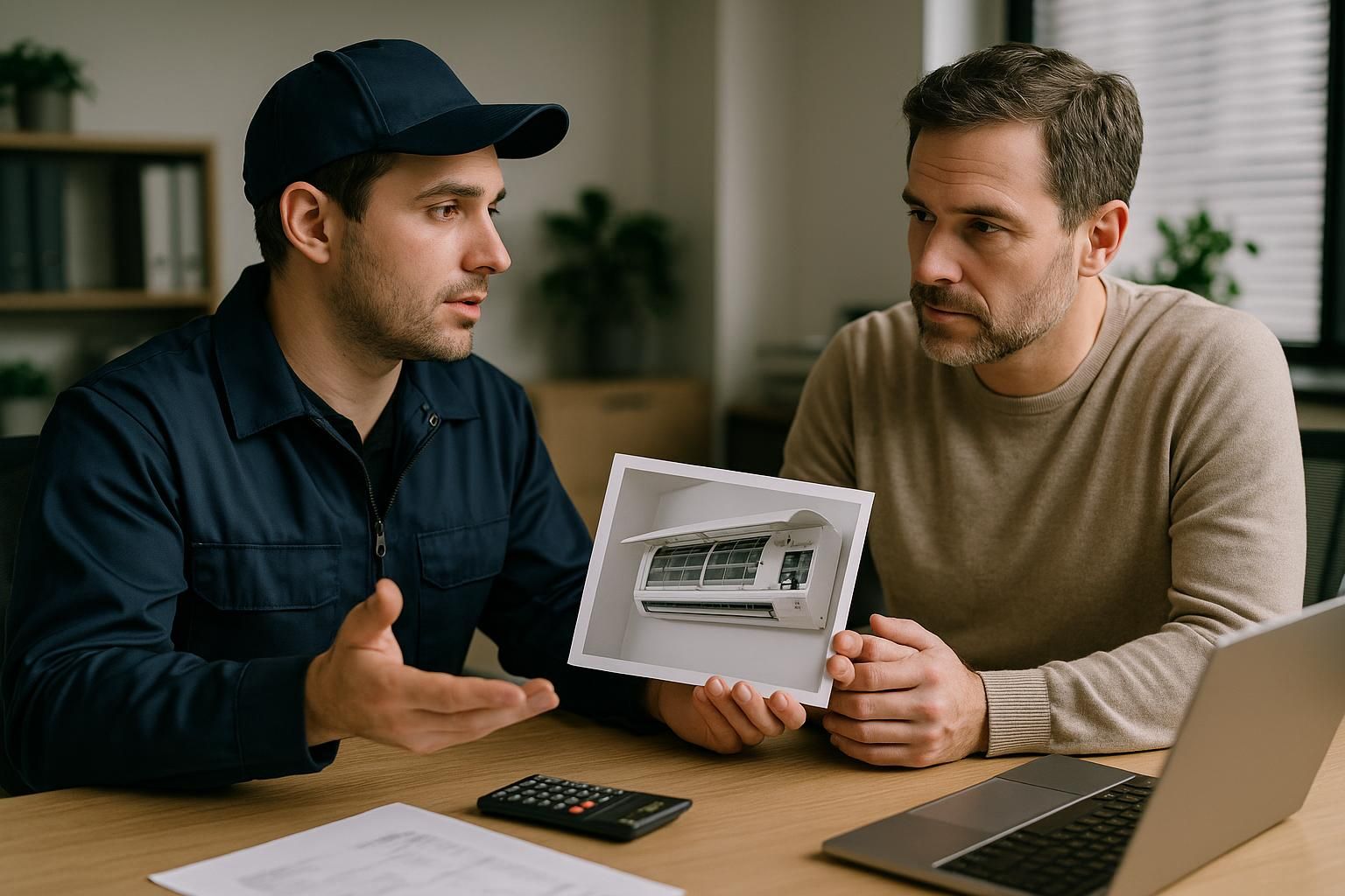 Technician in uniform inspecting a modern split ac unit indoors with tools nearby for ac services and repair
