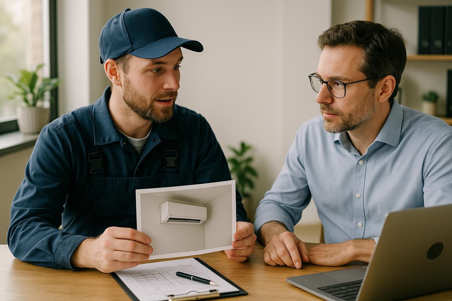 Technician installing a sleek AC unit on a suburban home's exterior, illustrating air conditioning installation service near 
