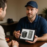 Technician adjusting a modern HVAC unit outside a suburban home, illustrating trusted heating and cooling service near me