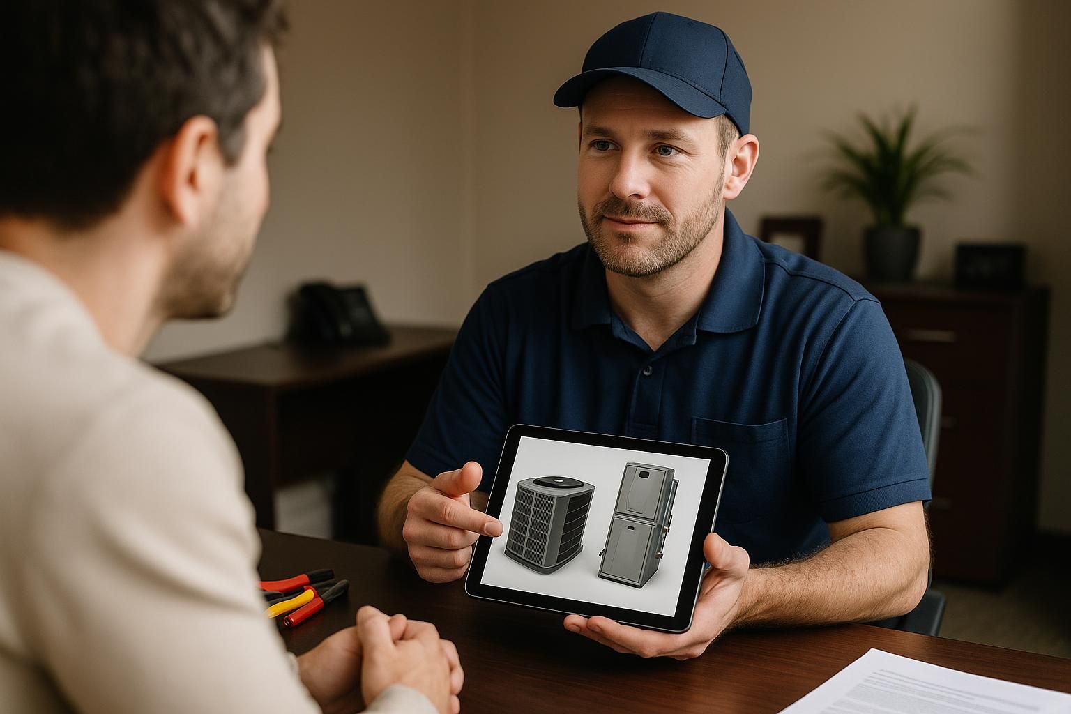Technician adjusting a modern HVAC unit outside a suburban home, illustrating trusted heating and cooling service near me