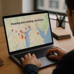 Home HVAC technician with wrench and phone showing map pin for heating and cooling services near me