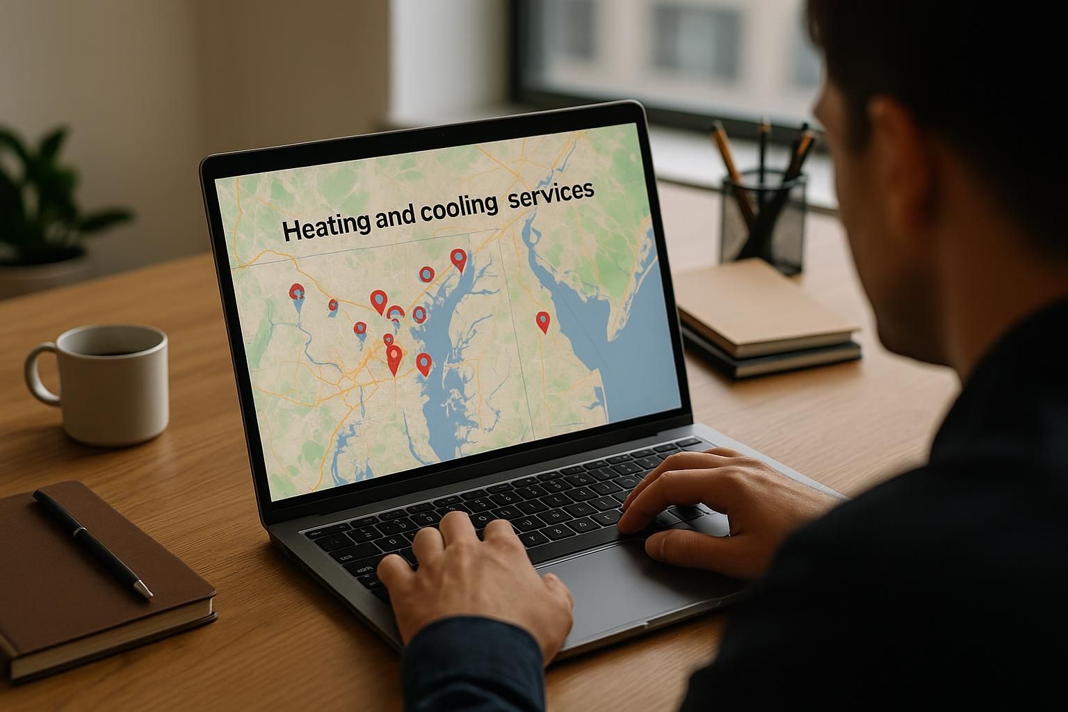 Home HVAC technician with wrench and phone showing map pin for heating and cooling services near me