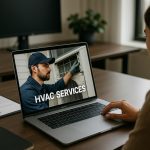 Technician adjusting a modern thermostat in a bright living room, highlighting hvac services for efficient home comfort