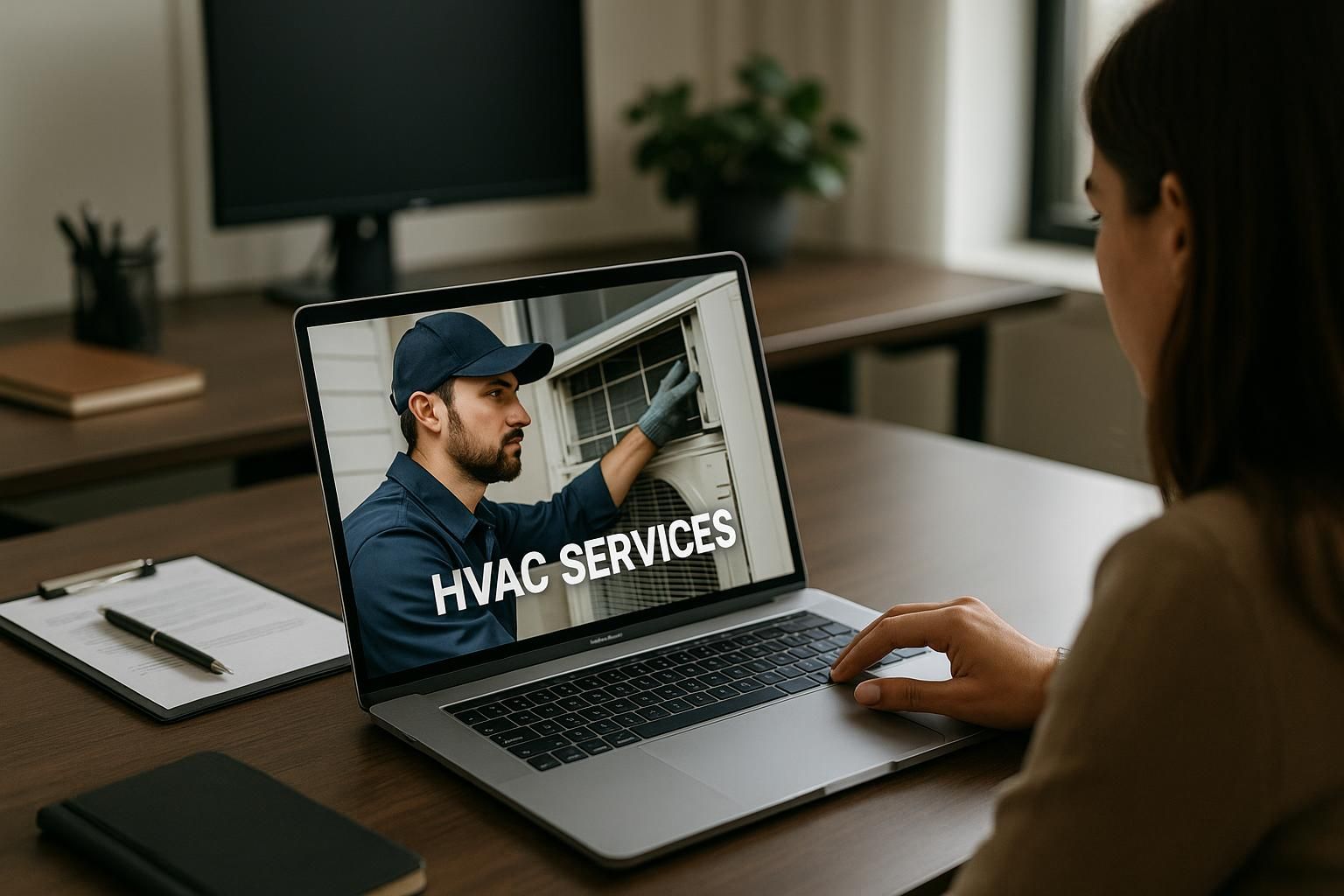 Technician adjusting a modern thermostat in a bright living room, highlighting hvac services for efficient home comfort