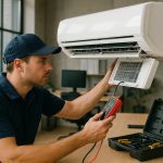 HVAC technician using a wrench on a ceiling air conditioner unit inside a bright living room for repair ac service