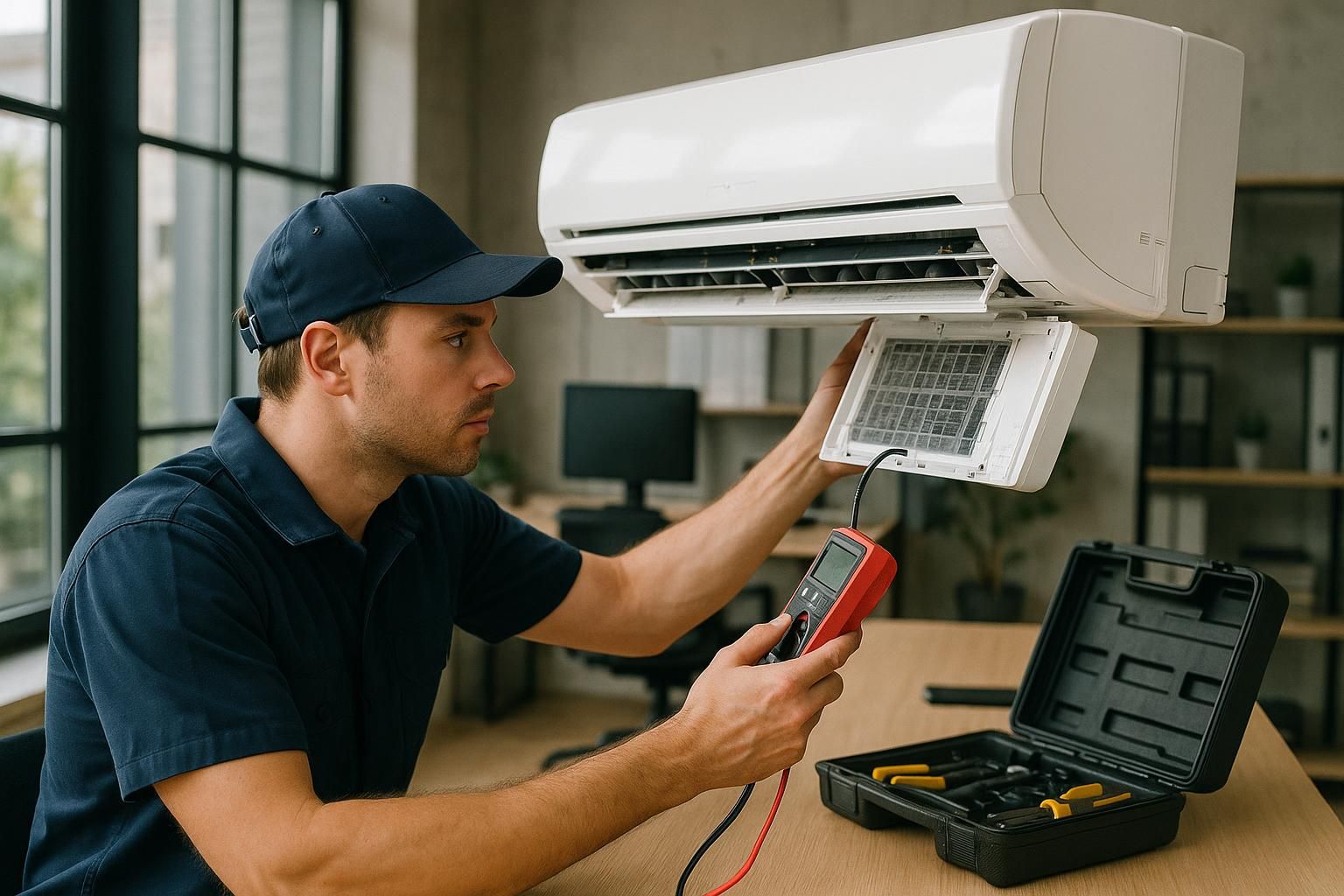 HVAC technician using a wrench on a ceiling air conditioner unit inside a bright living room for repair ac service