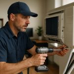 Smiling technician installs a rooftop air conditioner on a house, highlighting air conditioning installation and service