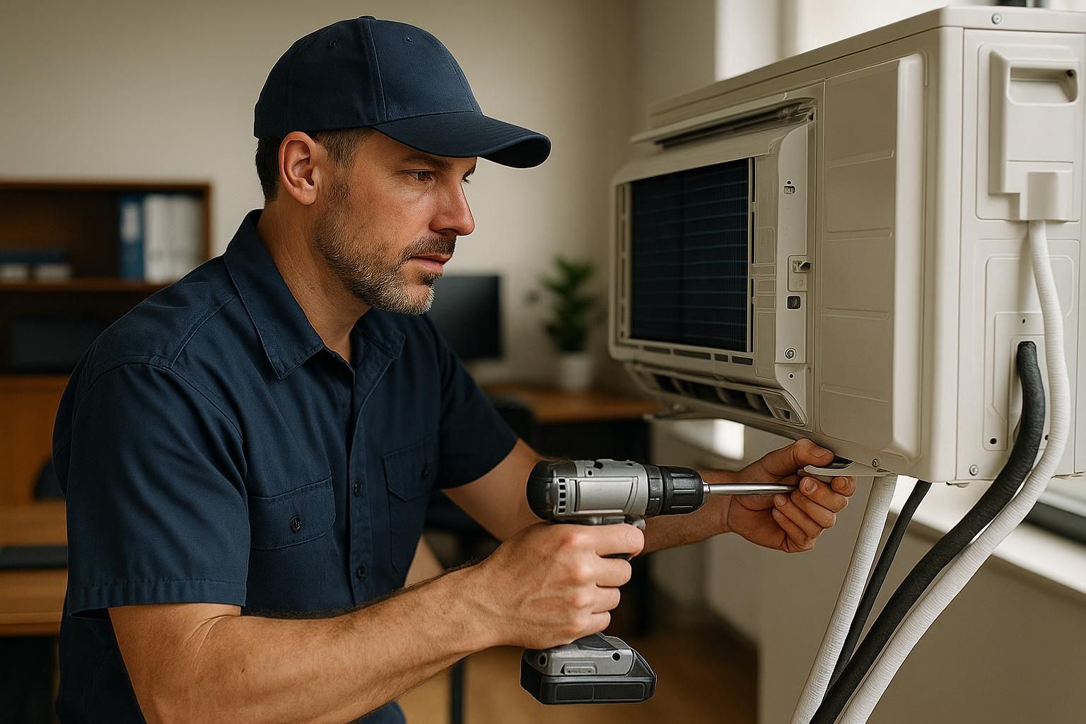 Smiling technician installs a rooftop air conditioner on a house, highlighting air conditioning installation and service