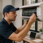 Technician installing a wall AC unit in a living room with toolbox nearby, air conditioning installation and services