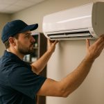 Technician in blue uniform mounts a sleek air conditioner on a living room wall during air conditioning installation service