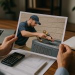 HVAC technician fitting wall-mounted air conditioner with toolkit, showcasing air conditioning installation services