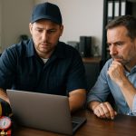 HVAC technician steps from service van at twilight, toolbox in hand, ready for emergency heating and cooling service