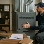 Technician installing a new furnace in a home’s utility room as part of a furnace installation service, modern equipment visi