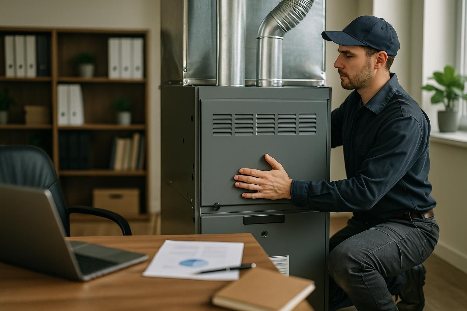 Technician installing a new furnace in a home’s utility room as part of a furnace installation service, modern equipment visi
