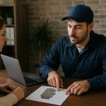 Technician installing a furnace in a home's utility room showcasing furnace installation services with tools at hand