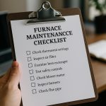Technician checking a furnace maintenance checklist on a clipboard beside a residential furnace with tools laid out for servi