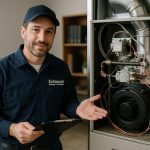 Technician inspecting furnace for furnace maintenance service with tools arranged in a bright utility room.