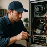 Technician inspecting a modern furnace in a basement, ensuring safe and efficient furnace service for a warm home