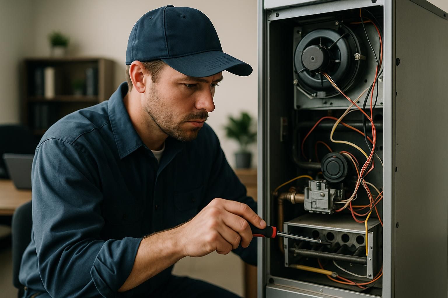 Technician inspecting a modern furnace in a basement, ensuring safe and efficient furnace service for a warm home