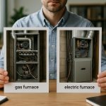 Utility room with gas furnace vs electric furnace side by side, contrasting warm flame glow and sleek electric coils