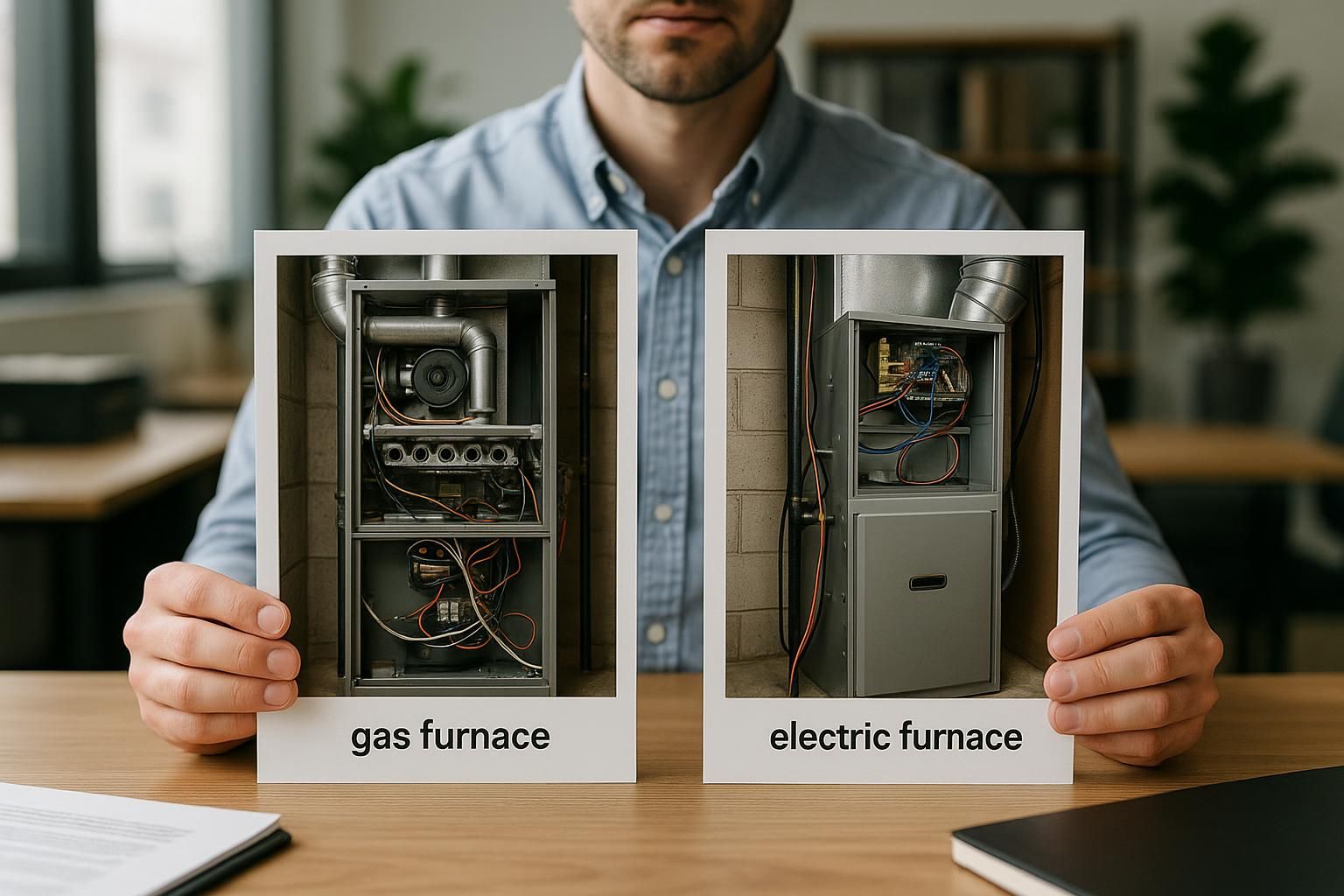 Utility room with gas furnace vs electric furnace side by side, contrasting warm flame glow and sleek electric coils