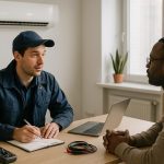 Technicians servicing furnace and A/C at a modern home for heating and air conditioning services under clear blue sky