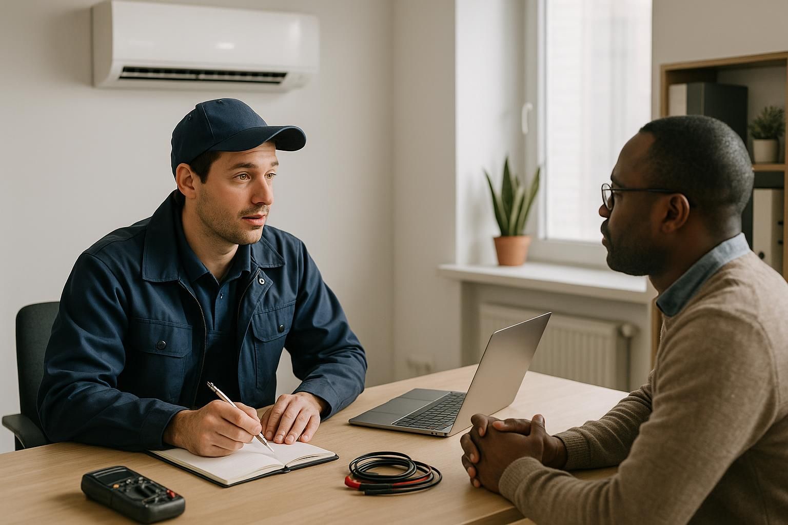 Technicians servicing furnace and A/C at a modern home for heating and air conditioning services under clear blue sky