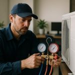 Technician hurrying from service van into frost-covered home at dusk, heating and cooling emergency service restoring comfort