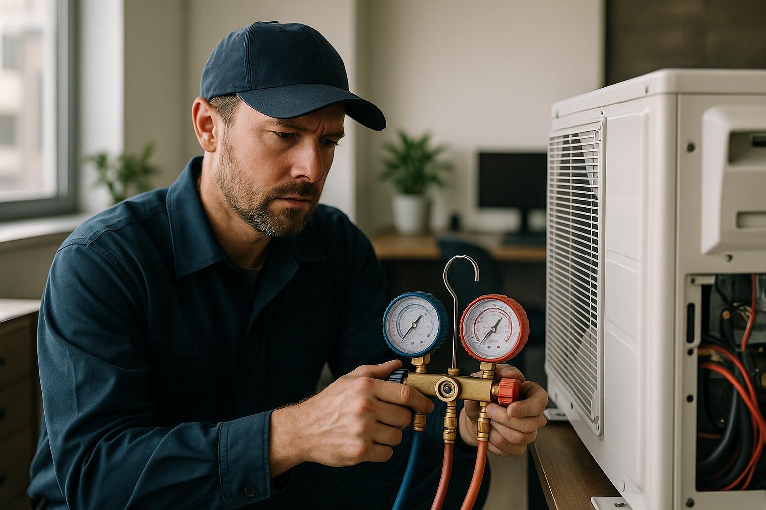 Technician hurrying from service van into frost-covered home at dusk, heating and cooling emergency service restoring comfort