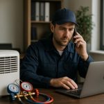 Emergency HVAC van parked outside home at dusk as technician rushes in to deliver heating and cooling emergency services