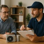 Technician repairing HVAC unit by house, blue and red temperature icons, illustrating heating and cooling services.