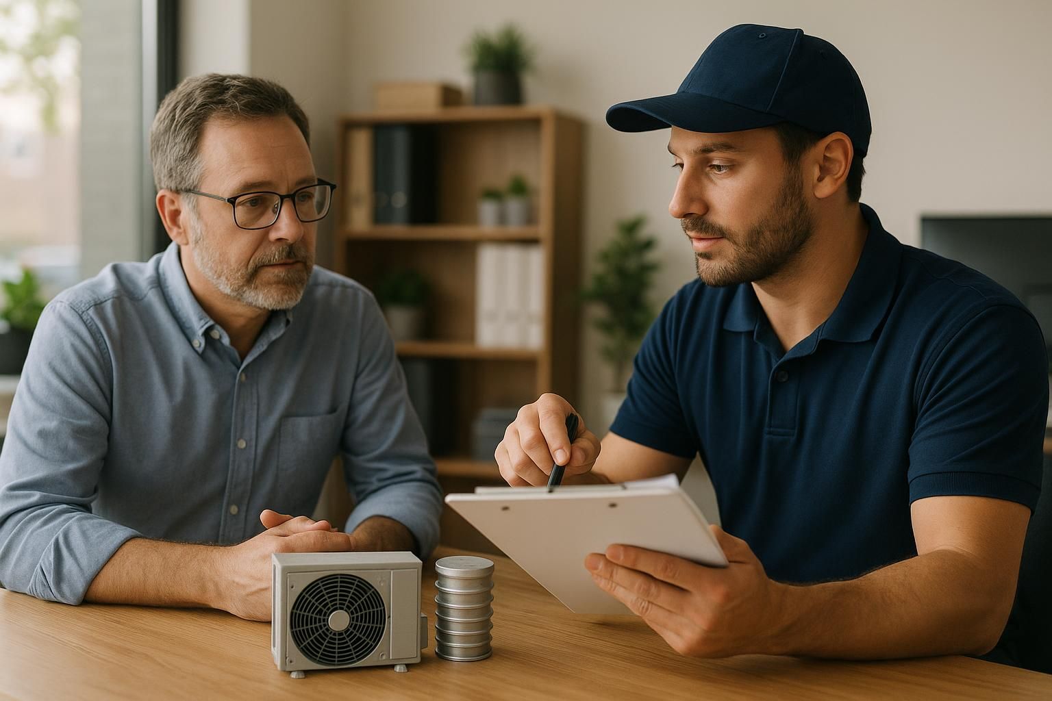 Technician repairing HVAC unit by house, blue and red temperature icons, illustrating heating and cooling services.