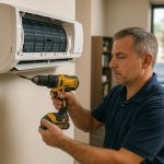 Flat design shows AC unit, drill, brackets, and manual over blueprint grid, explaining how to installation air conditioning.