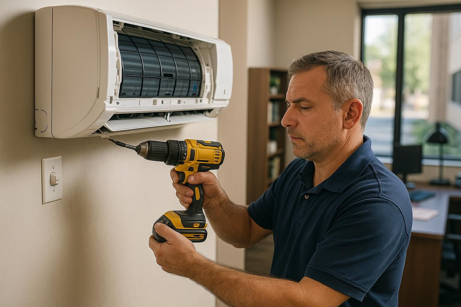 Flat design shows AC unit, drill, brackets, and manual over blueprint grid, explaining how to installation air conditioning.