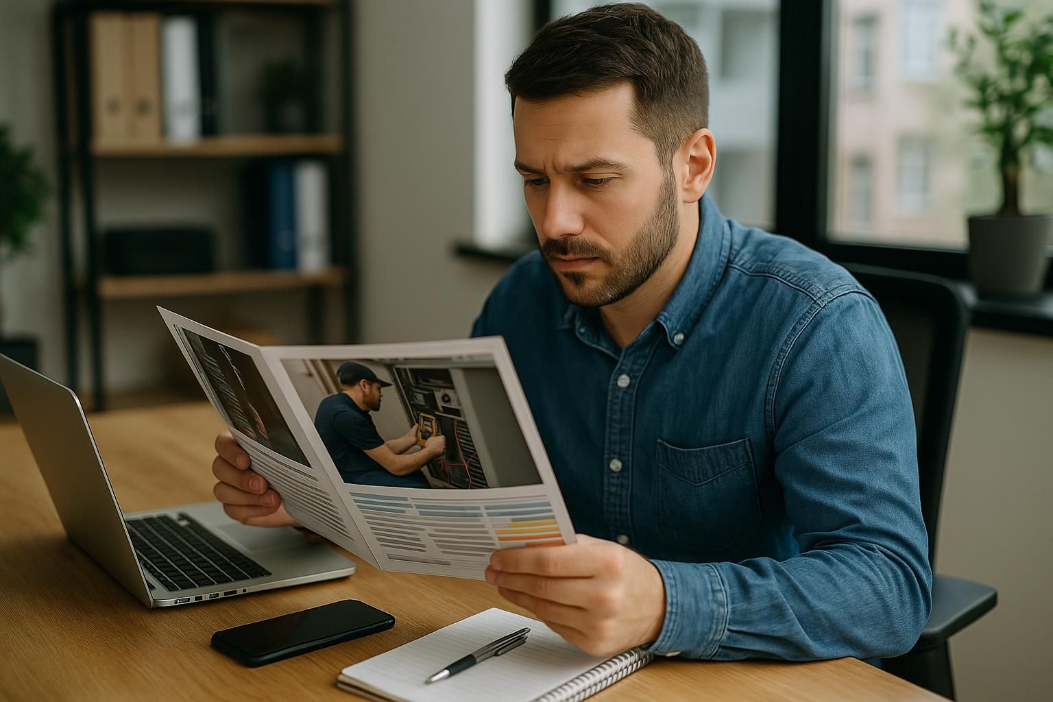 Technician inspecting an air conditioning unit with tools and tablet in a bright modern room, hvac repair and service.