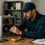 Uniformed technician using manifold gauges to check a rooftop HVAC unit, showcasing professional hvac repair service.
