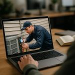 HVAC technician repairs an outdoor unit at a home, toolbox on ground, showcasing fast hvac repair service near me