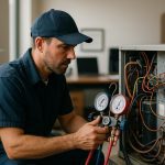 Uniformed technician adjusts gauges on a rooftop unit under clear sky, showcasing reliable hvac repair services