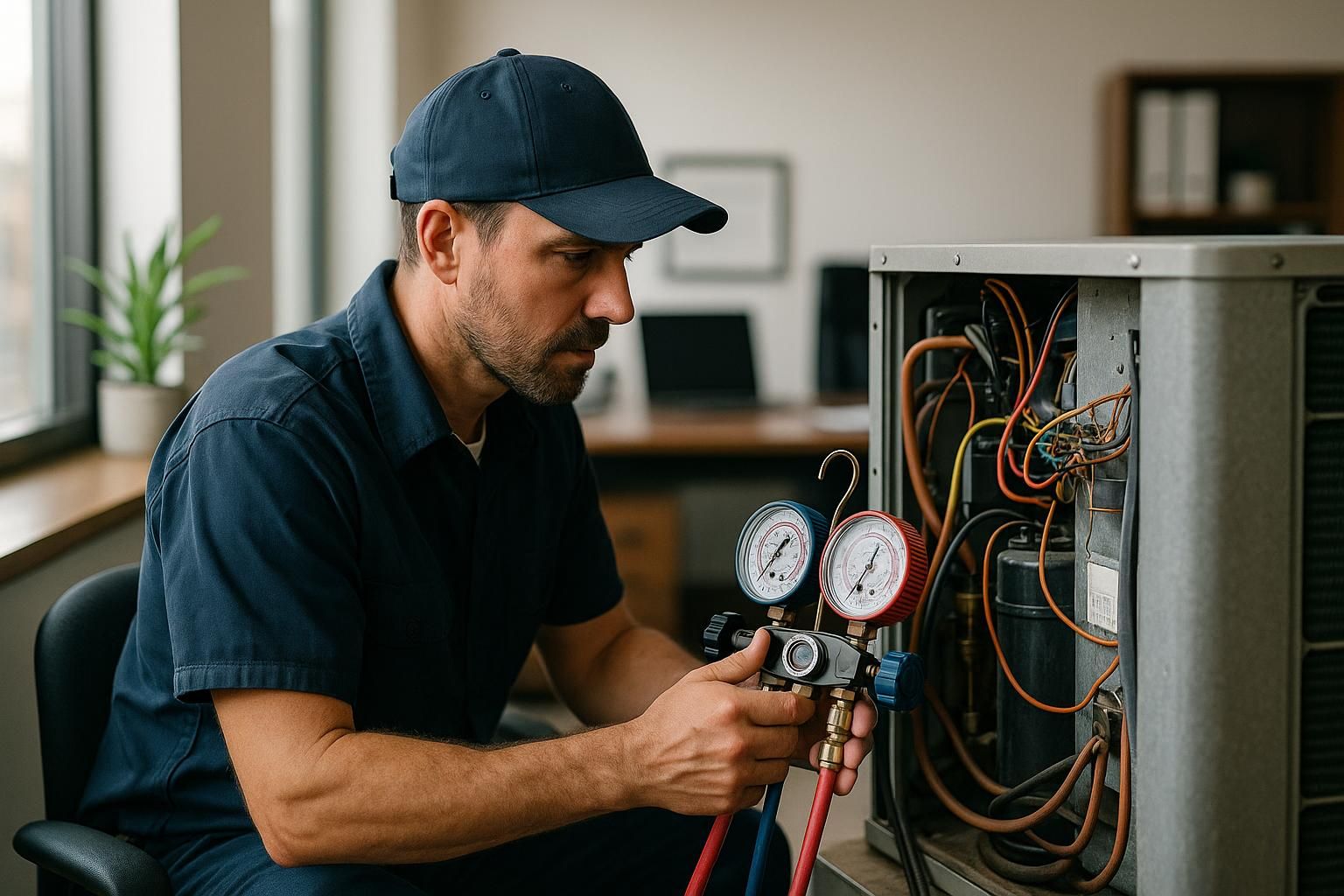 Uniformed technician adjusts gauges on a rooftop unit under clear sky, showcasing reliable hvac repair services